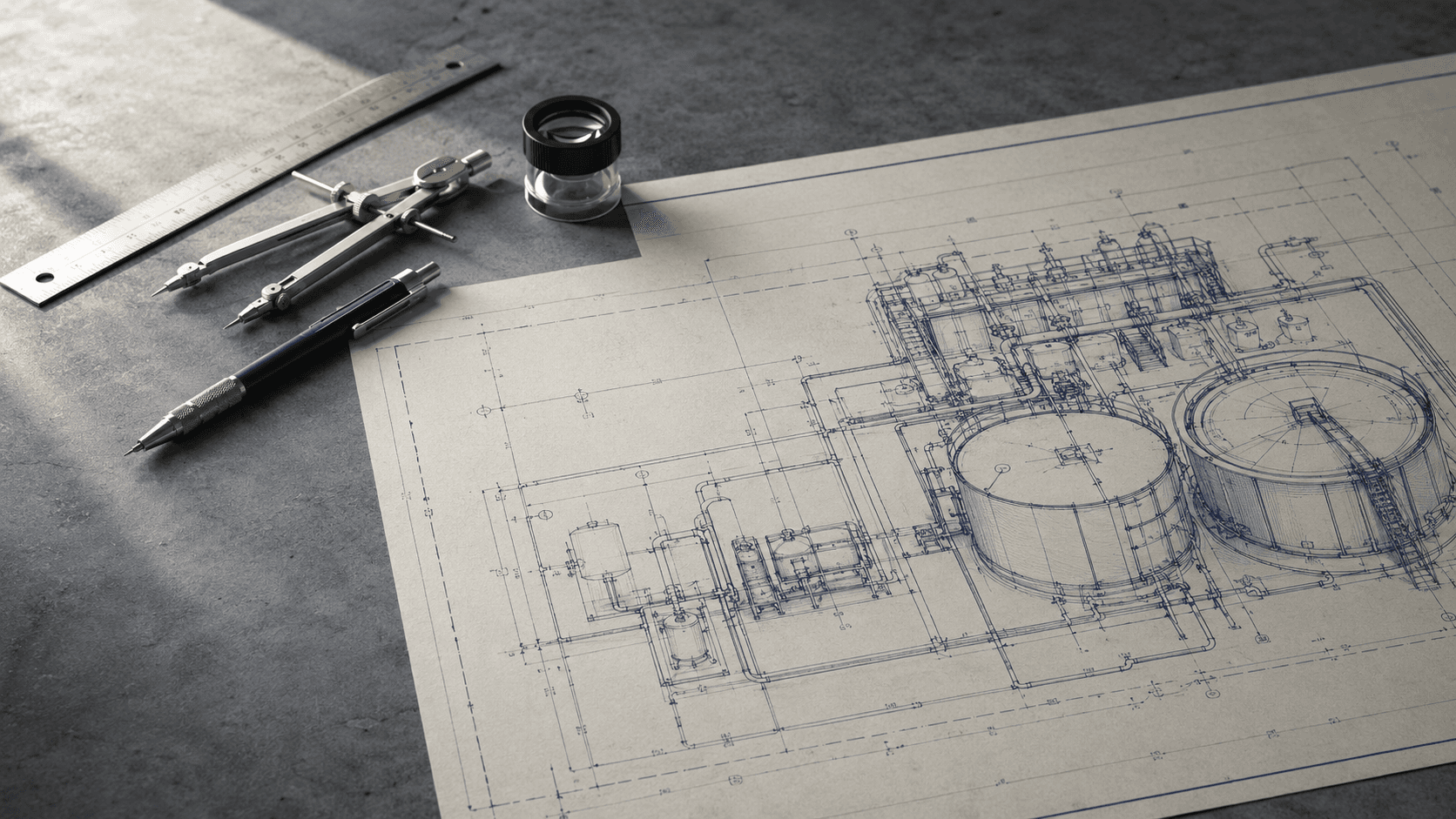 Projeto técnico de estação de tratamento de efluentes — blueprint com instrumentos de engenharia sobre mesa de trabalho.